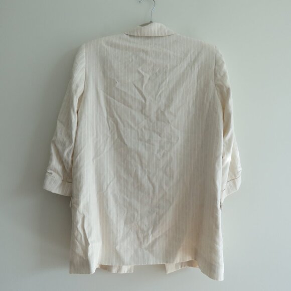 ZARA Linen Blend Neutral Oatmeal Stripe Roll Tab Sleeve Blazer Preppy - Size M - Picture 9 of 12